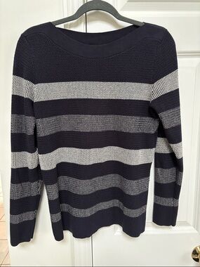 Market & Spruce Navy and White Striped Crew/Boatneck Sweater
